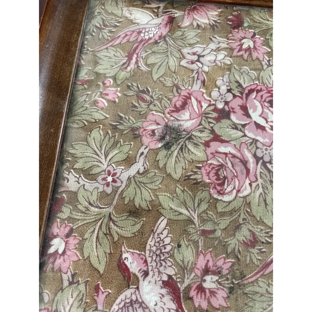 Antique Wood Framed Floral Bird  Tapestry Fabric Under Glass Handled Tray 10x19